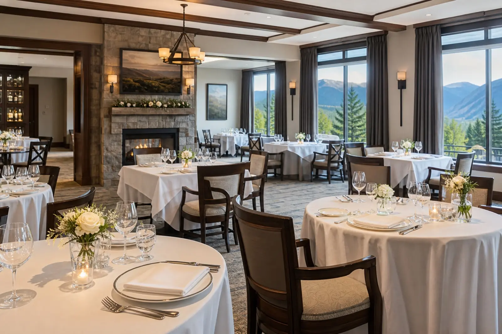Fine dining restaurant interior with white linens and mountain view